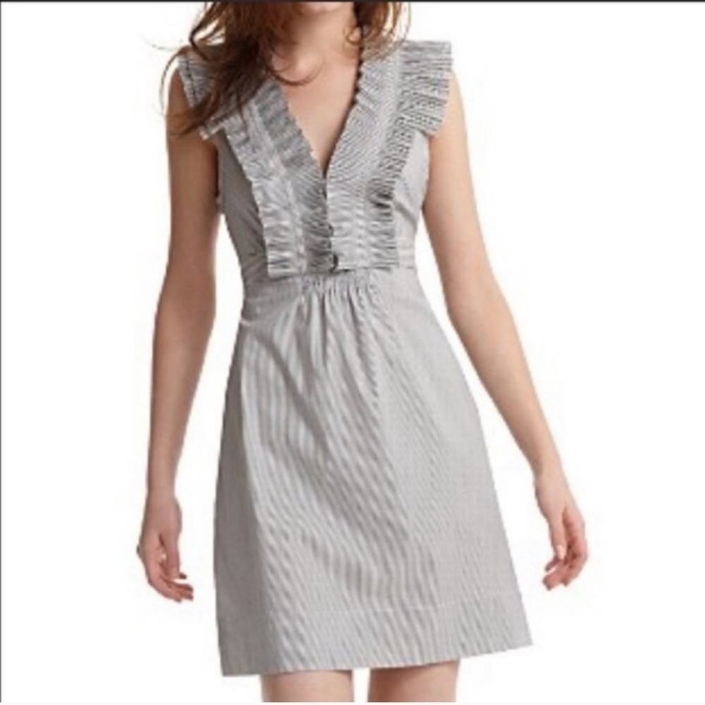 BCBGMaxAzria Gray Pinstripe Ruffle V-Neck Sundress